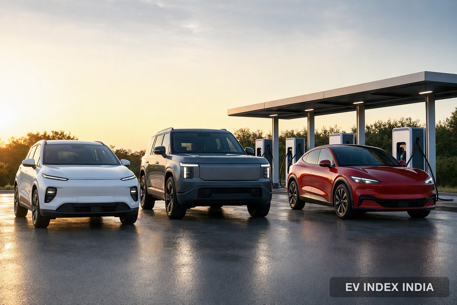 Three different electric SUVs driving toward an EV charging hub at sunrise